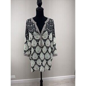 Rose + Olive Boho Paisley Tunic Blouse 1X Black Floral V-Neck Plus Size